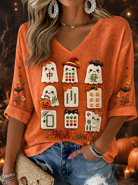Damskie koszulki halloween mahjong waffle dekolt w szpic