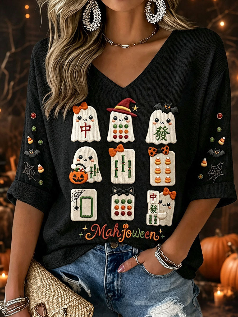 Damskie koszulki halloween mahjong waffle dekolt w szpic
