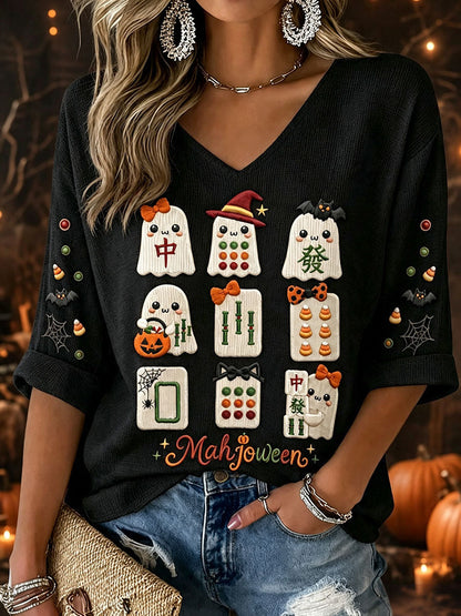 Damskie koszulki halloween mahjong waffle dekolt w szpic