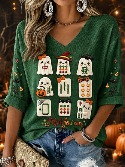 Damskie koszulki halloween mahjong waffle dekolt w szpic