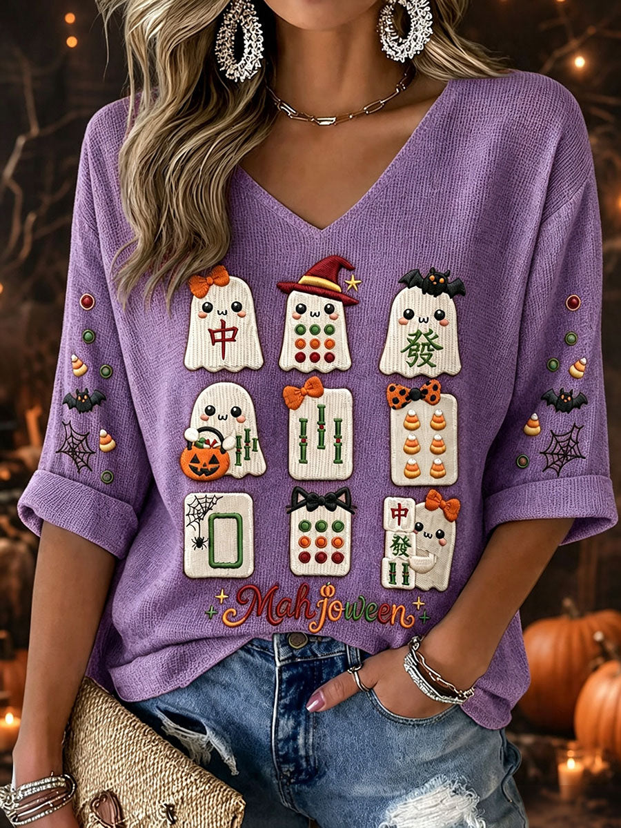 Damskie koszulki halloween mahjong waffle dekolt w szpic