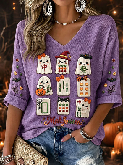 Damskie koszulki halloween mahjong waffle dekolt w szpic