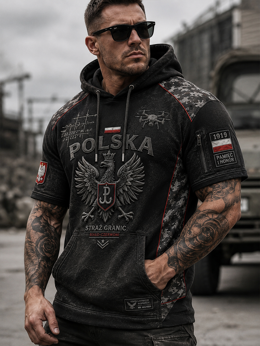Męska polscy wojskowi casualowa bluza z kapturem z krótkim rękawem