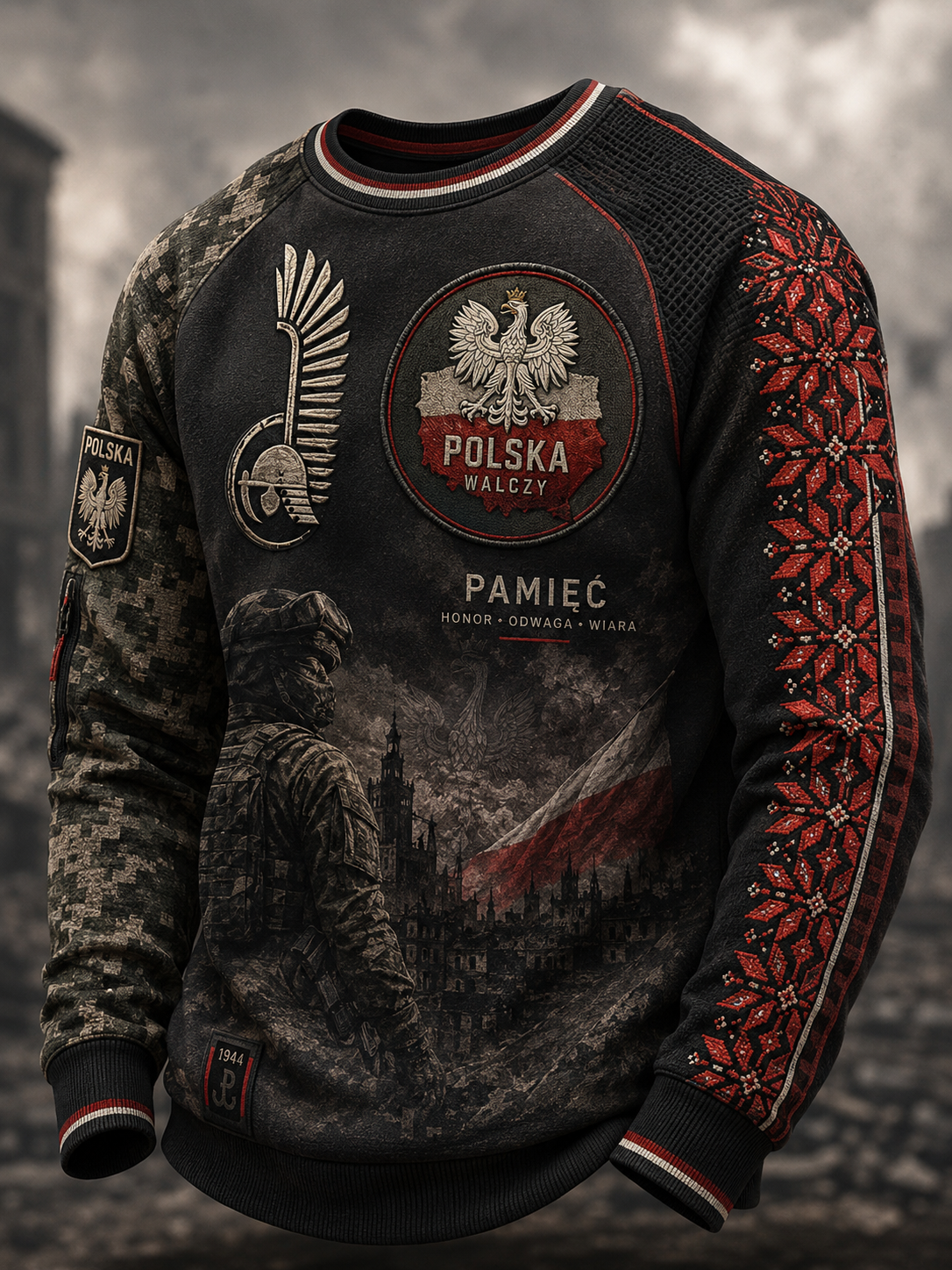 Męski koszulka z długim rękawem w paski w stylu wojskowym polskim