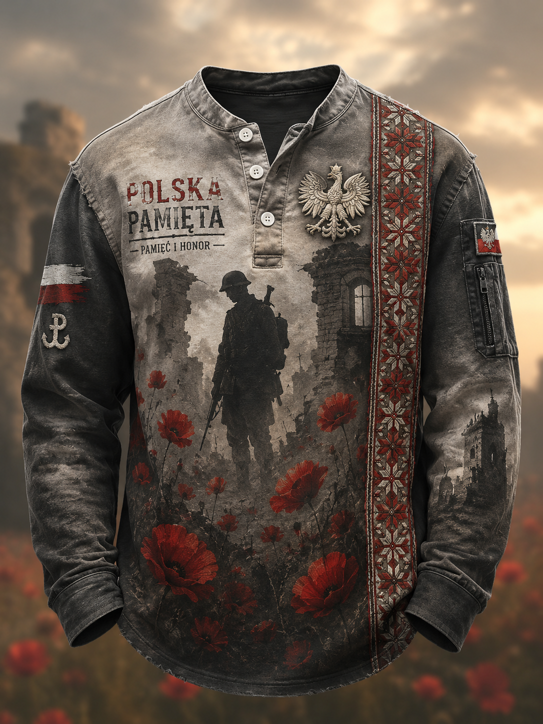 Męska koszulka z guzikami w stylu polskiej kultury wojskowej, na co dzień