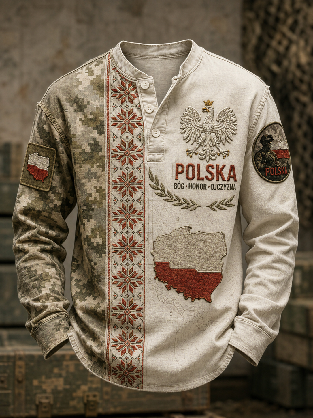 Męska koszulka z guzikami w stylu polskiej kultury wojskowej, na co dzień
