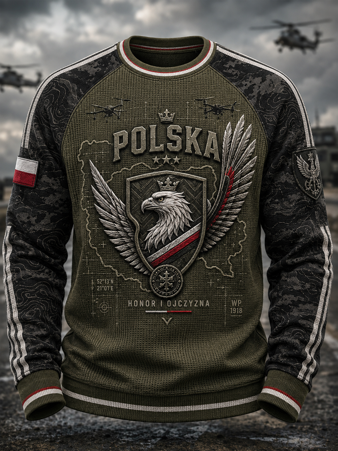 Męski t-shirt z dzianiny gofrowanej z długim rękawem wojska polskiego