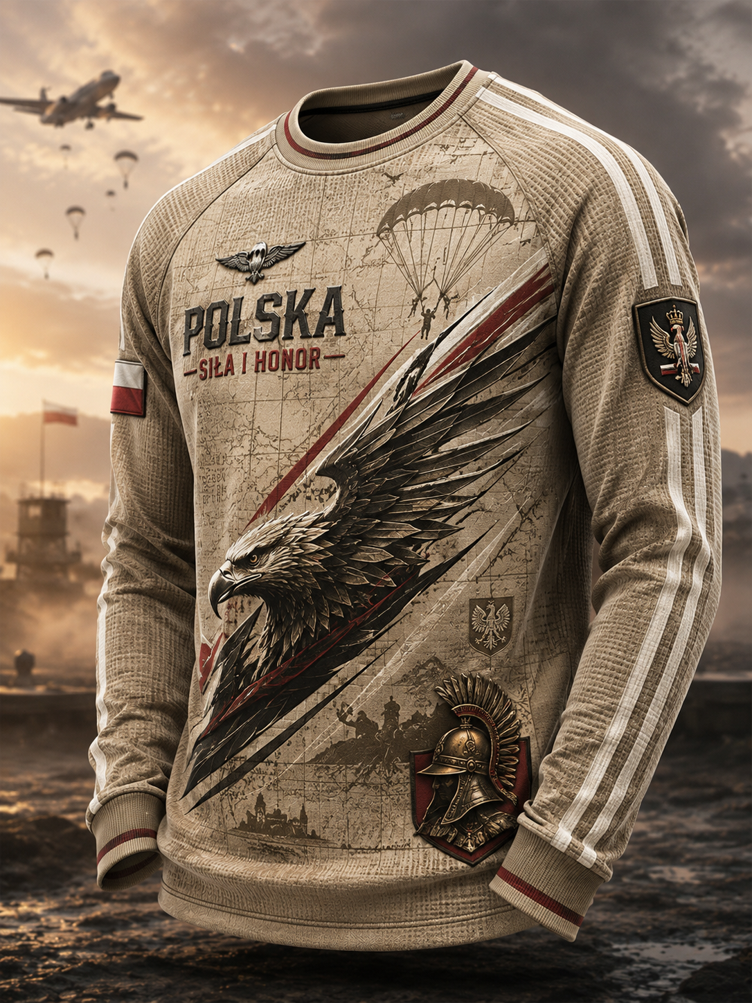 Męski t-shirt z dzianiny gofrowanej z długim rękawem wojska polskiego