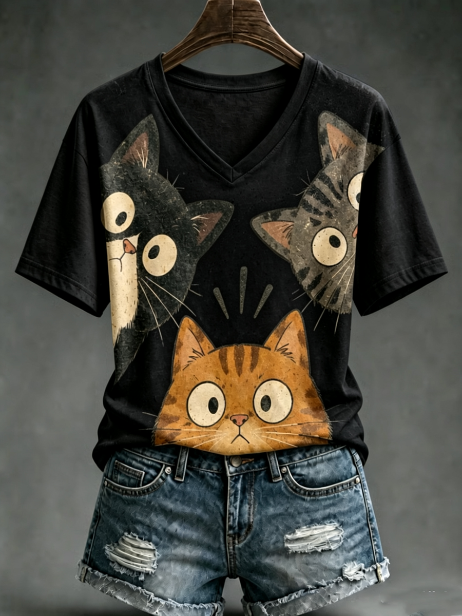 Damska koszulka z krótkim rękawem Cute cat print