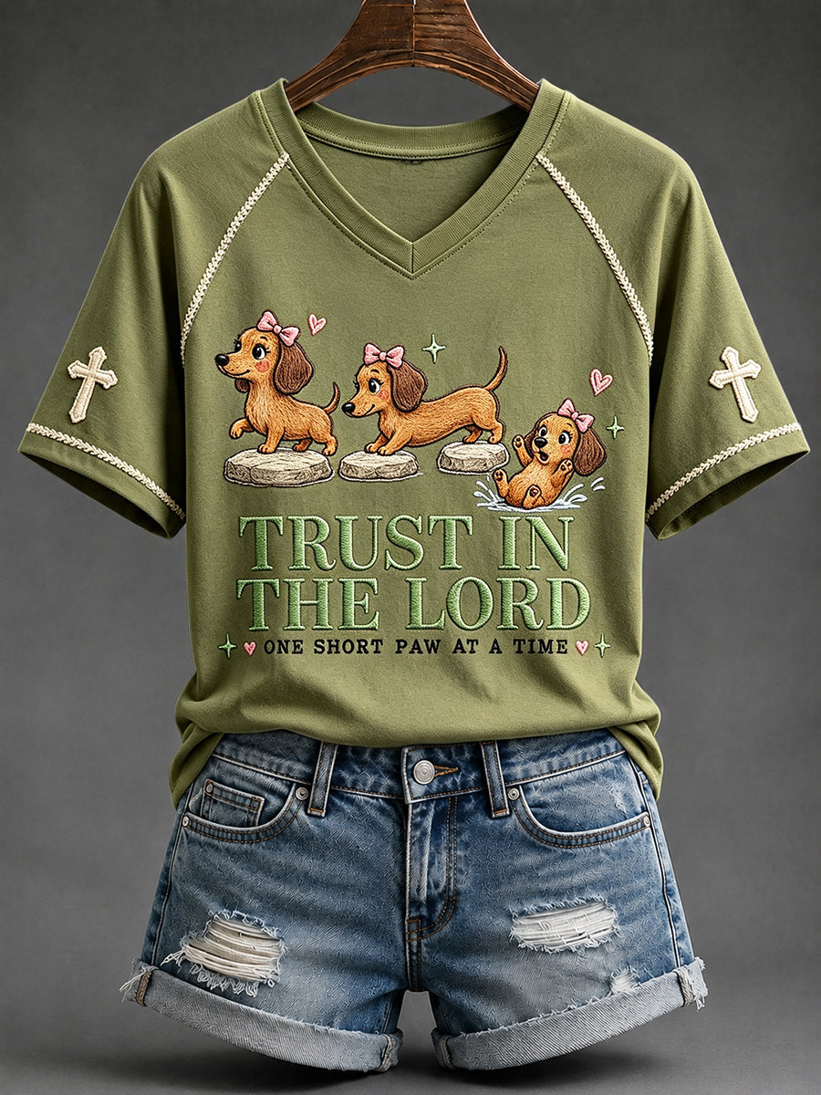 Damski Trust in the Lord Funny Christian Jamnik Nadruk z dekoltem w serek T-shirt z krótkim rękawem