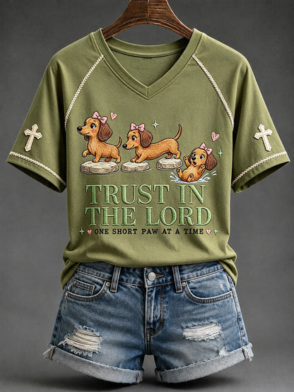 Damski Trust in the Lord Funny Christian Jamnik Nadruk z dekoltem w serek T-shirt z krótkim rękawem