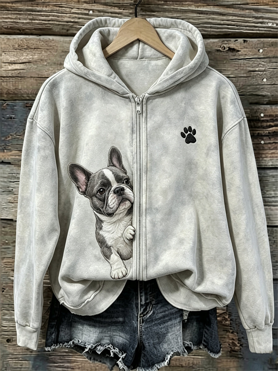 Bluza z kapturem z pełnym zamkiem błyskawicznym dla kobiet z francuskim buldogiem i łapką