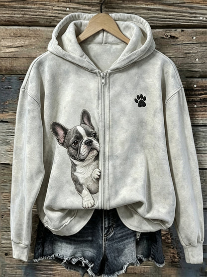 Bluza z kapturem z pełnym zamkiem błyskawicznym dla kobiet z francuskim buldogiem i łapką