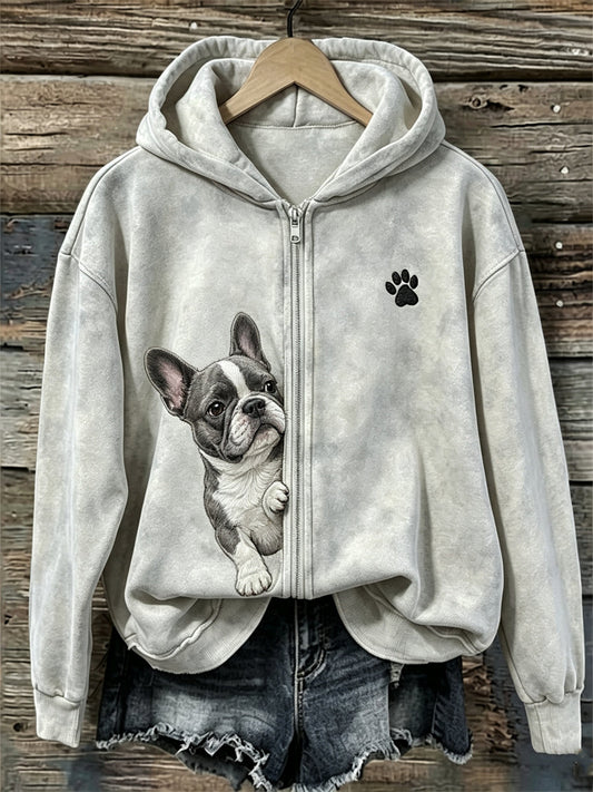 Bluza z kapturem z pełnym zamkiem błyskawicznym dla kobiet z francuskim buldogiem i łapką