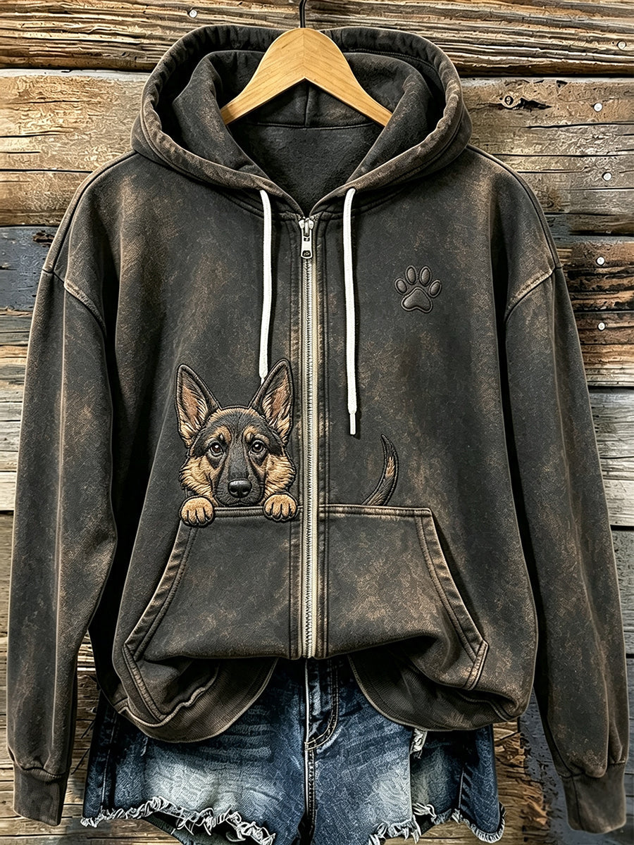 Słodki, podglądający owczarek niemiecki damski z paw print Przytulna bluza z kapturem