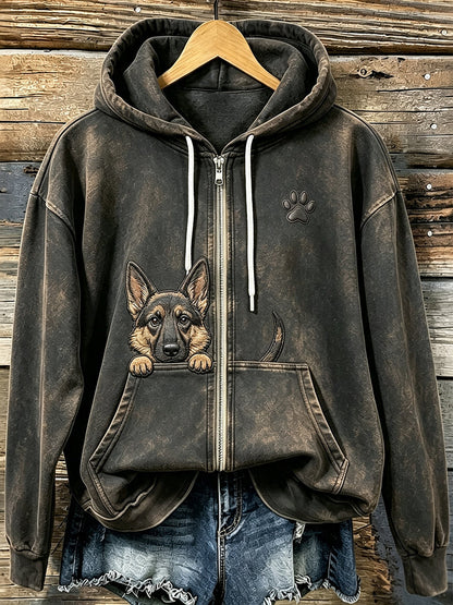 Słodki, podglądający owczarek niemiecki damski z paw print Przytulna bluza z kapturem