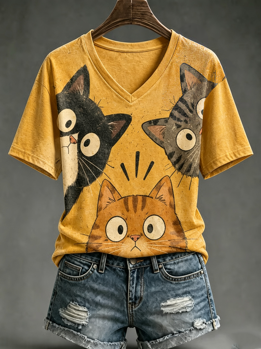 Damska koszulka z krótkim rękawem Cute cat print