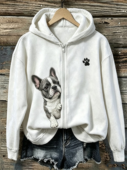 Bluza z kapturem z pełnym zamkiem błyskawicznym dla kobiet z francuskim buldogiem i łapką