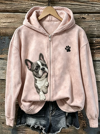 Bluza z kapturem z pełnym zamkiem błyskawicznym dla kobiet z francuskim buldogiem i łapką