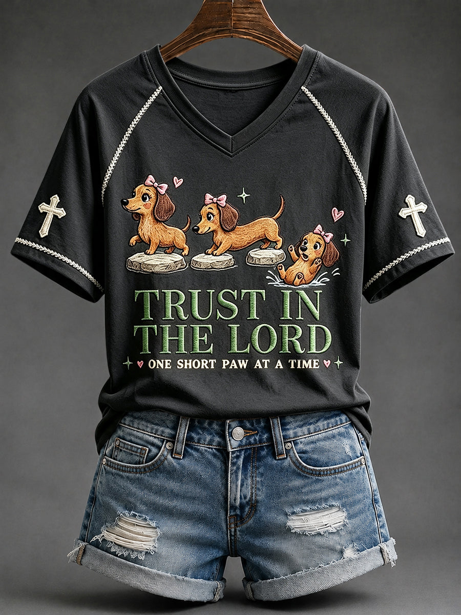Damski Trust in the Lord Funny Christian Jamnik Nadruk z dekoltem w serek T-shirt z krótkim rękawem