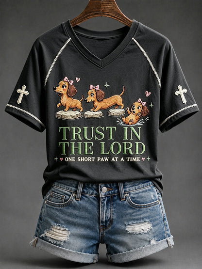 Damski Trust in the Lord Funny Christian Jamnik Nadruk z dekoltem w serek T-shirt z krótkim rękawem