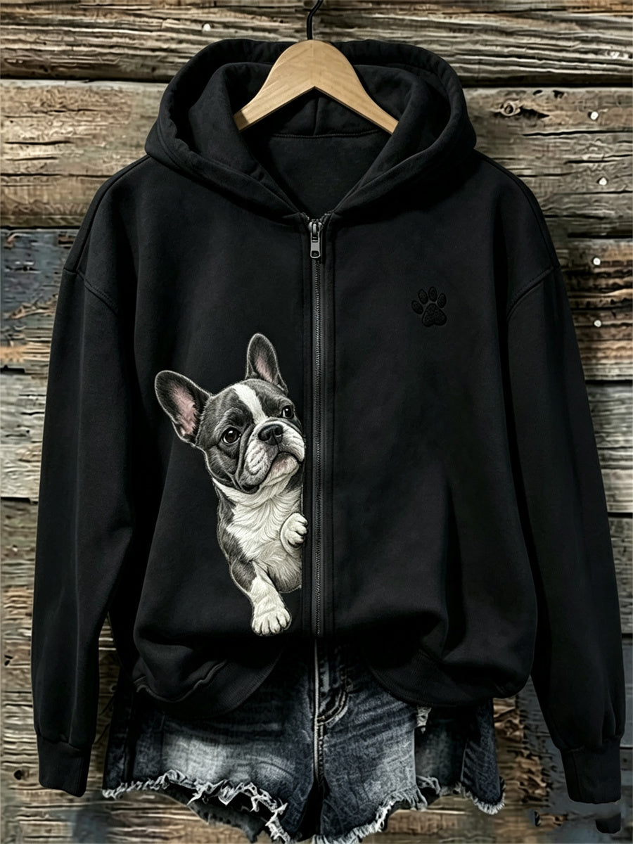 Bluza z kapturem z pełnym zamkiem błyskawicznym dla kobiet z francuskim buldogiem i łapką