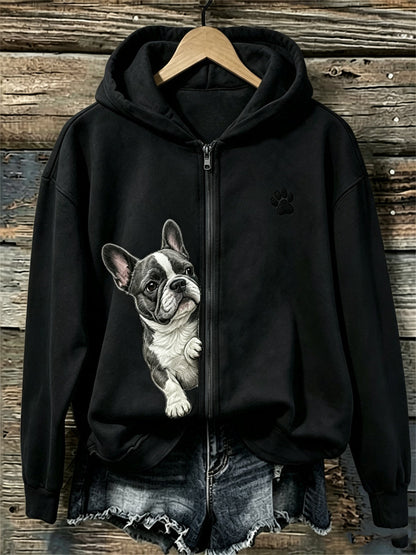 Bluza z kapturem z pełnym zamkiem błyskawicznym dla kobiet z francuskim buldogiem i łapką