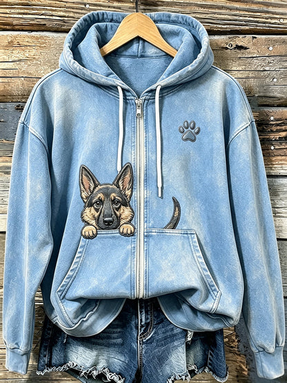 Słodki, podglądający owczarek niemiecki damski z paw print Przytulna bluza z kapturem