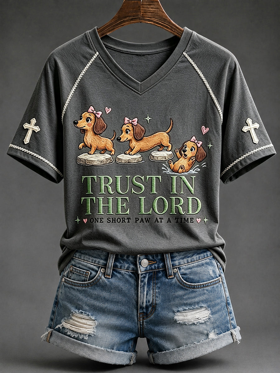 Damski Trust in the Lord Funny Christian Jamnik Nadruk z dekoltem w serek T-shirt z krótkim rękawem