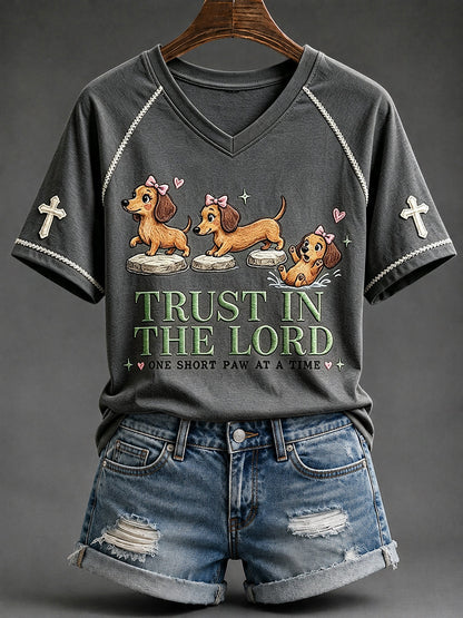 Damski Trust in the Lord Funny Christian Jamnik Nadruk z dekoltem w serek T-shirt z krótkim rękawem
