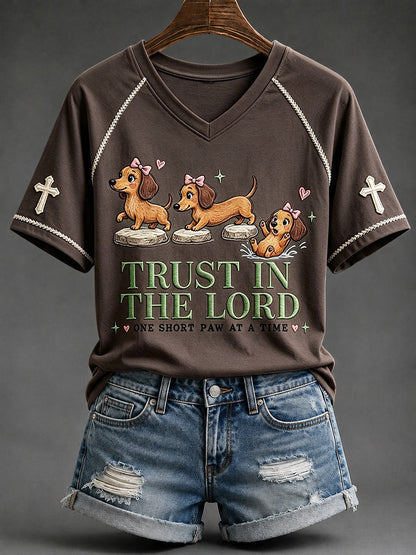 Damski Trust in the Lord Funny Christian Jamnik Nadruk z dekoltem w serek T-shirt z krótkim rękawem