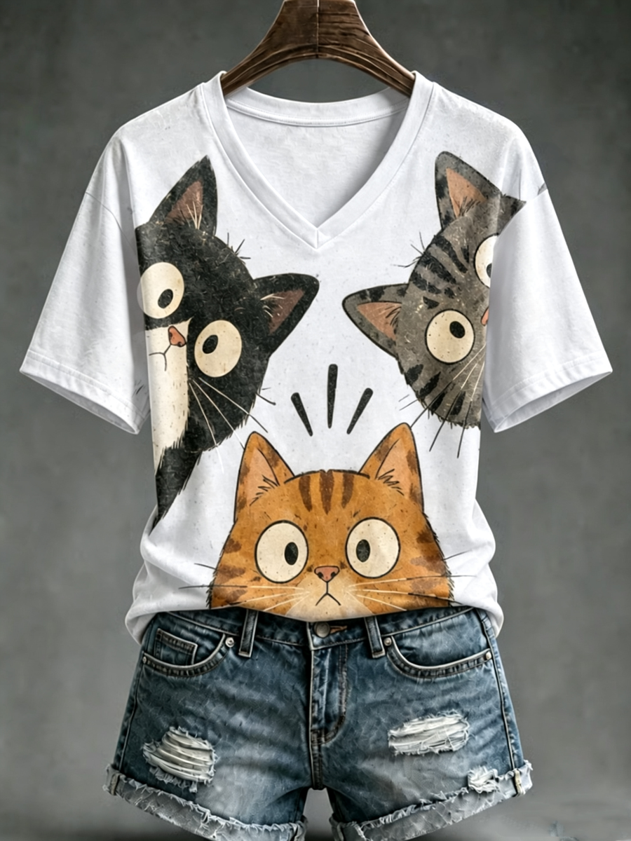 Damska koszulka z krótkim rękawem Cute cat print