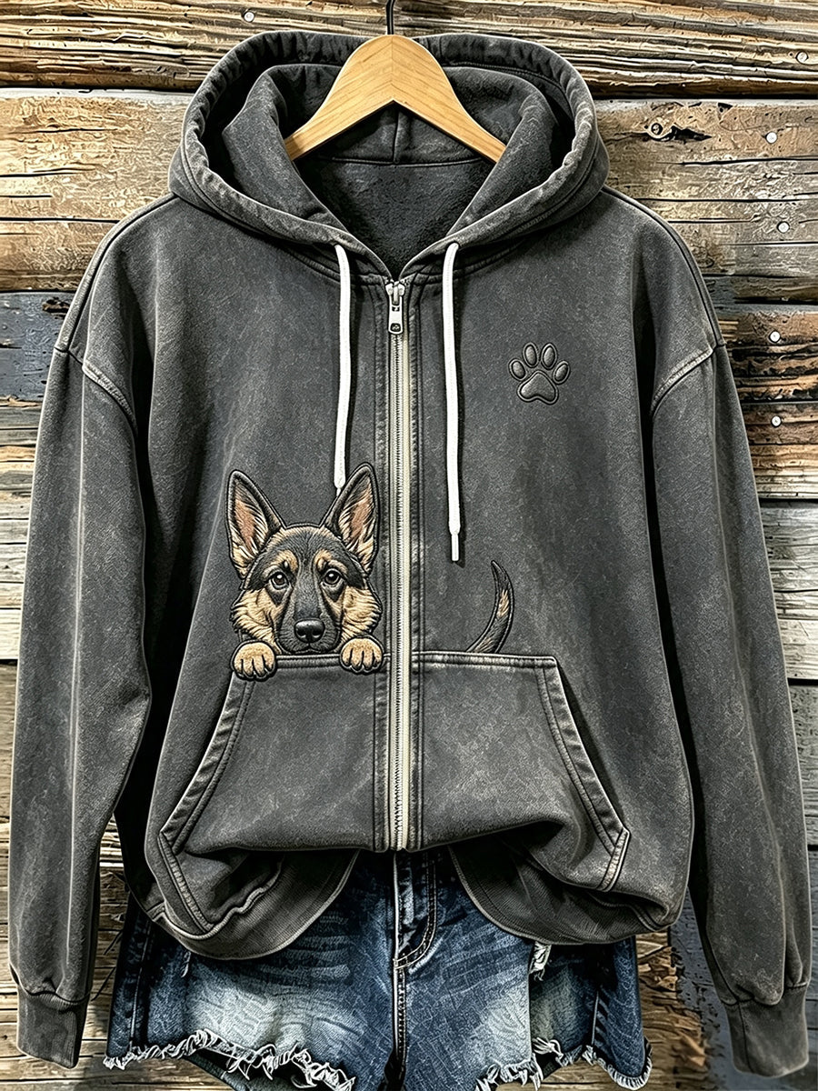 Słodki, podglądający owczarek niemiecki damski z paw print Przytulna bluza z kapturem