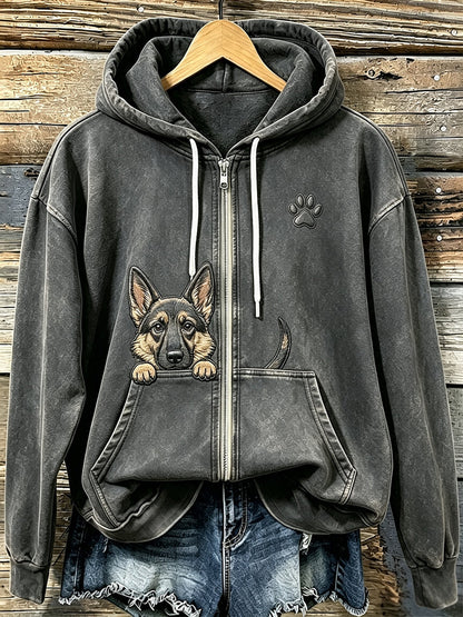 Słodki, podglądający owczarek niemiecki damski z paw print Przytulna bluza z kapturem