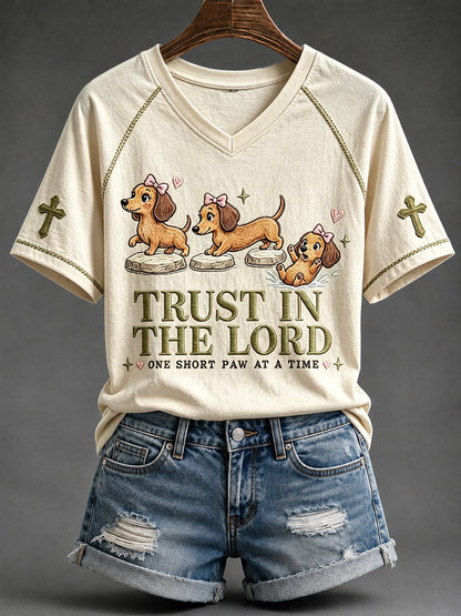Damski Trust in the Lord Funny Christian Jamnik Nadruk z dekoltem w serek T-shirt z krótkim rękawem