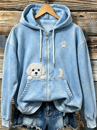 Słodka damska podglądająca Bichon Frise z paw print Przytulna bluza z kapturem
