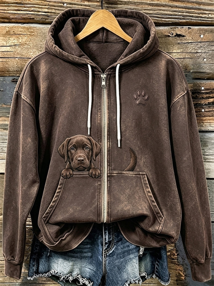 Damska czekoladowa labrador i paw w print Przytulna bluza z kapturem