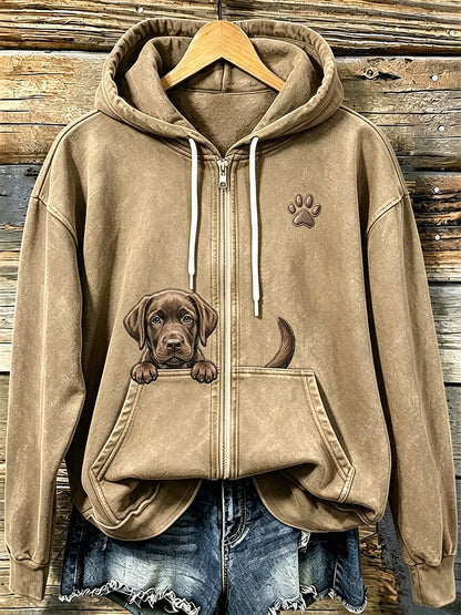 Damska czekoladowa labrador i paw w print Przytulna bluza z kapturem