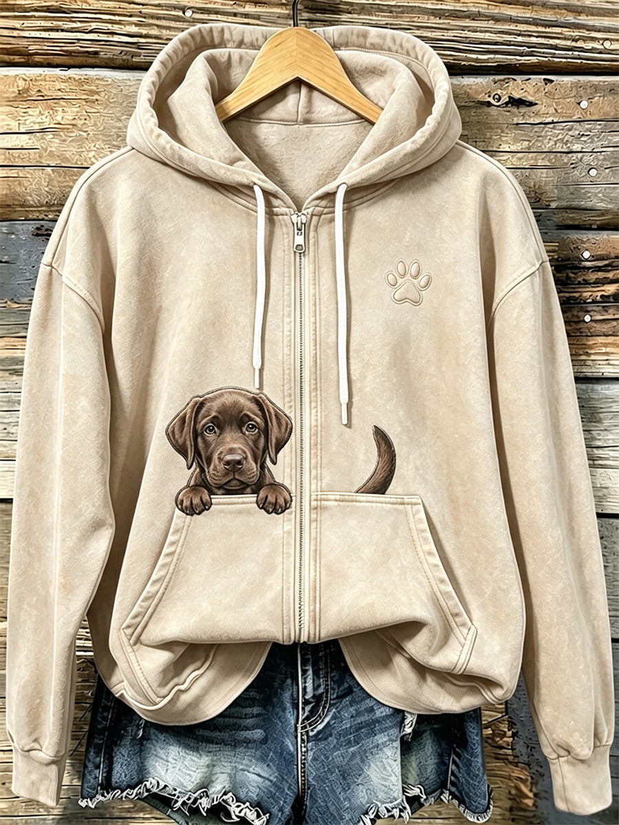 Damska czekoladowa labrador i paw w print Przytulna bluza z kapturem