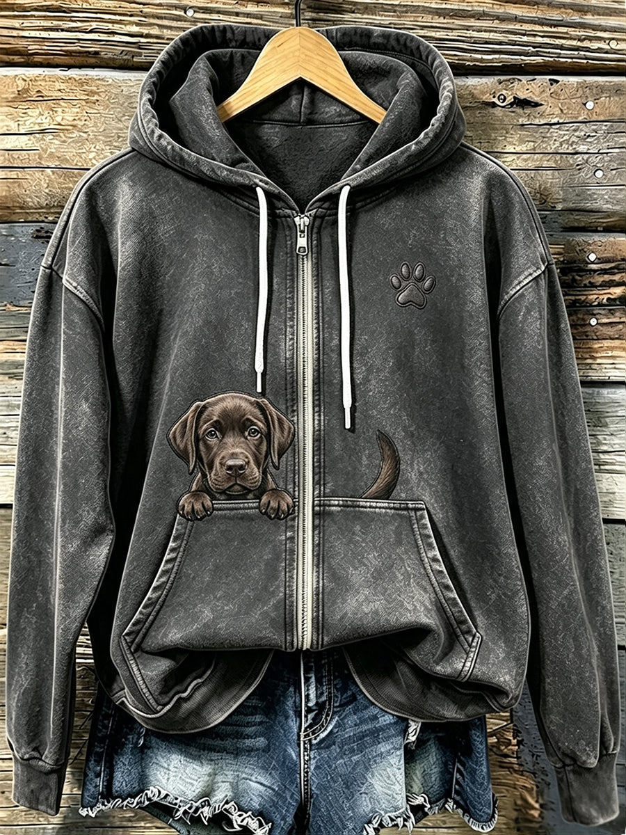 Damska czekoladowa labrador i paw w print Przytulna bluza z kapturem