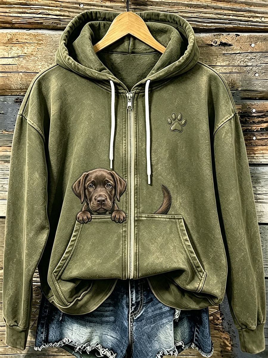 Damska czekoladowa labrador i paw w print Przytulna bluza z kapturem