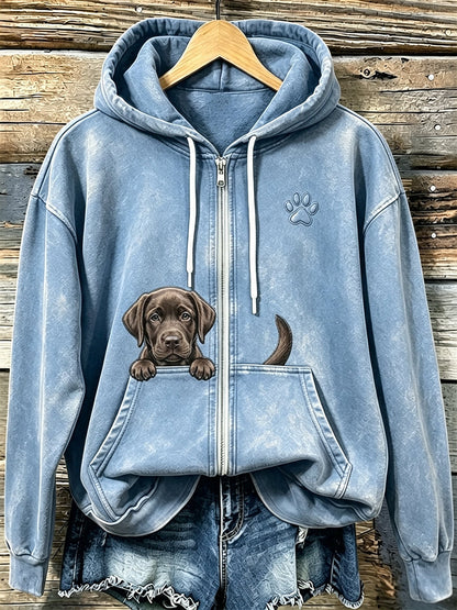 Damska czekoladowa labrador i paw w print Przytulna bluza z kapturem