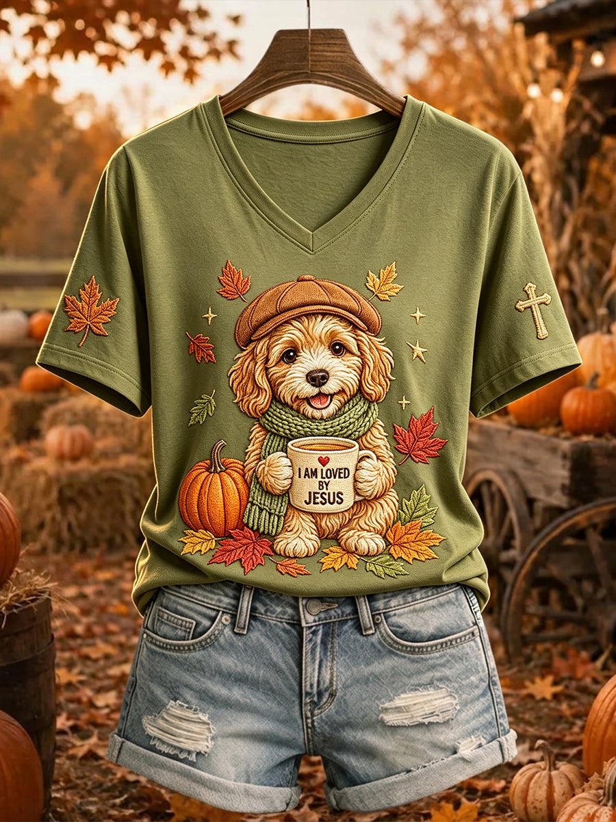 Damska koszulka z krótkim rękawem Jesus Loves Dog Fall Leaves Print