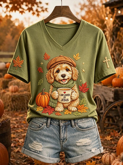 Damska koszulka z krótkim rękawem Jesus Loves Dog Fall Leaves Print
