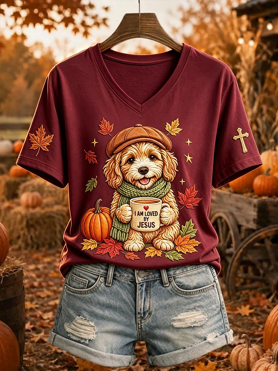 Damska koszulka z krótkim rękawem Jesus Loves Dog Fall Leaves Print