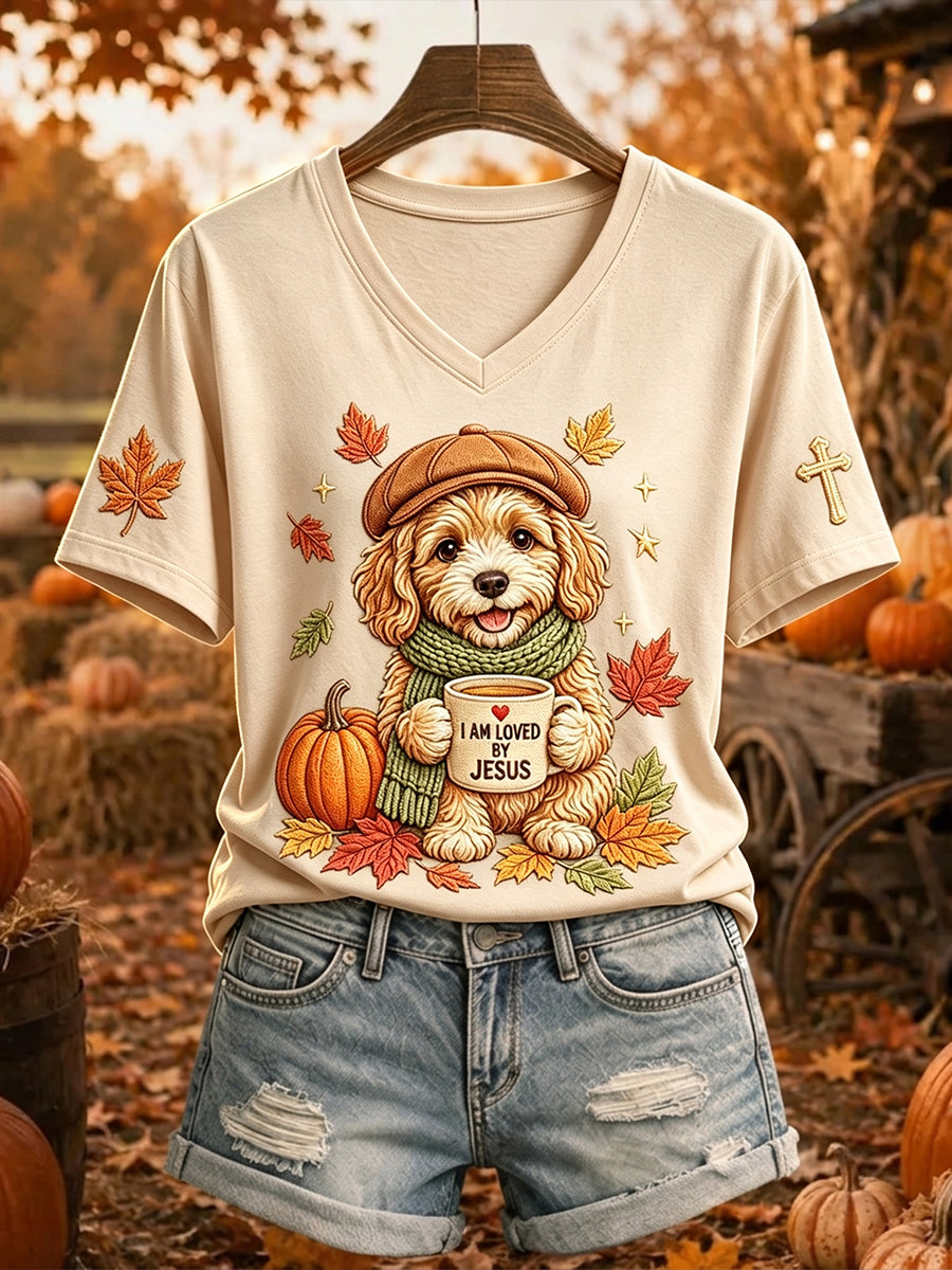 Damska koszulka z krótkim rękawem Jesus Loves Dog Fall Leaves Print