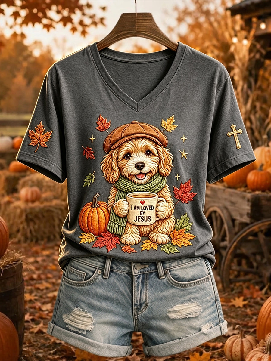 Damska koszulka z krótkim rękawem Jesus Loves Dog Fall Leaves Print