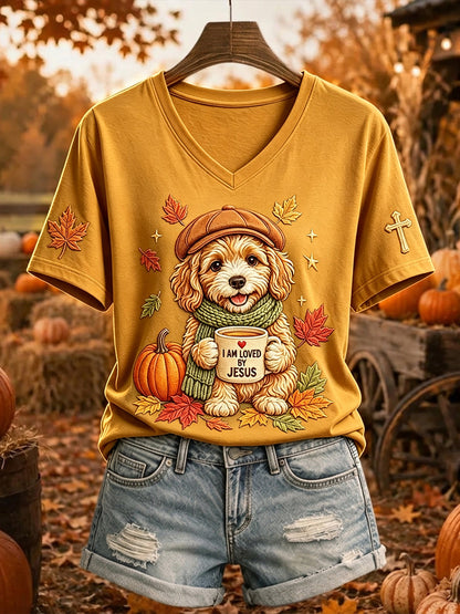 Damska koszulka z krótkim rękawem Jesus Loves Dog Fall Leaves Print