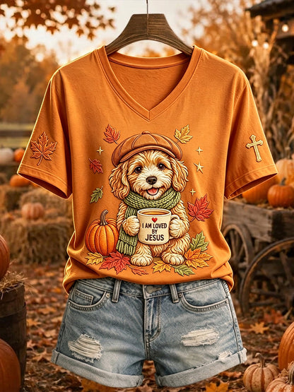 Damska koszulka z krótkim rękawem Jesus Loves Dog Fall Leaves Print