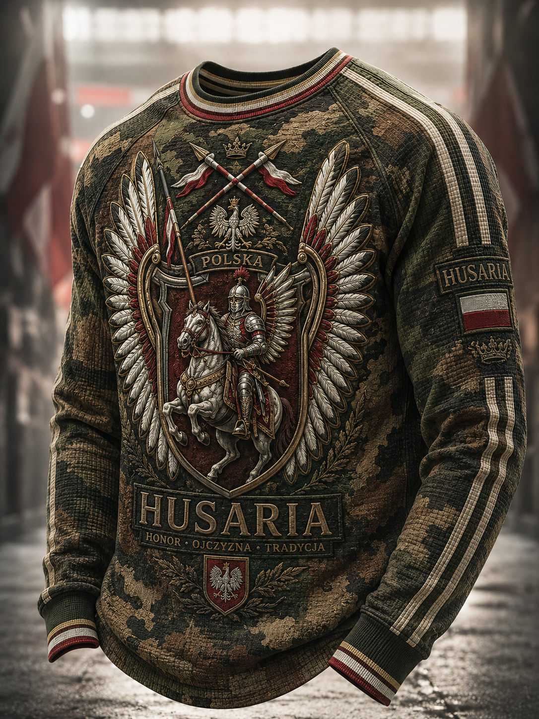 Męski t-shirt z dzianiny gofrowanej z długim rękawem wojska polskiego